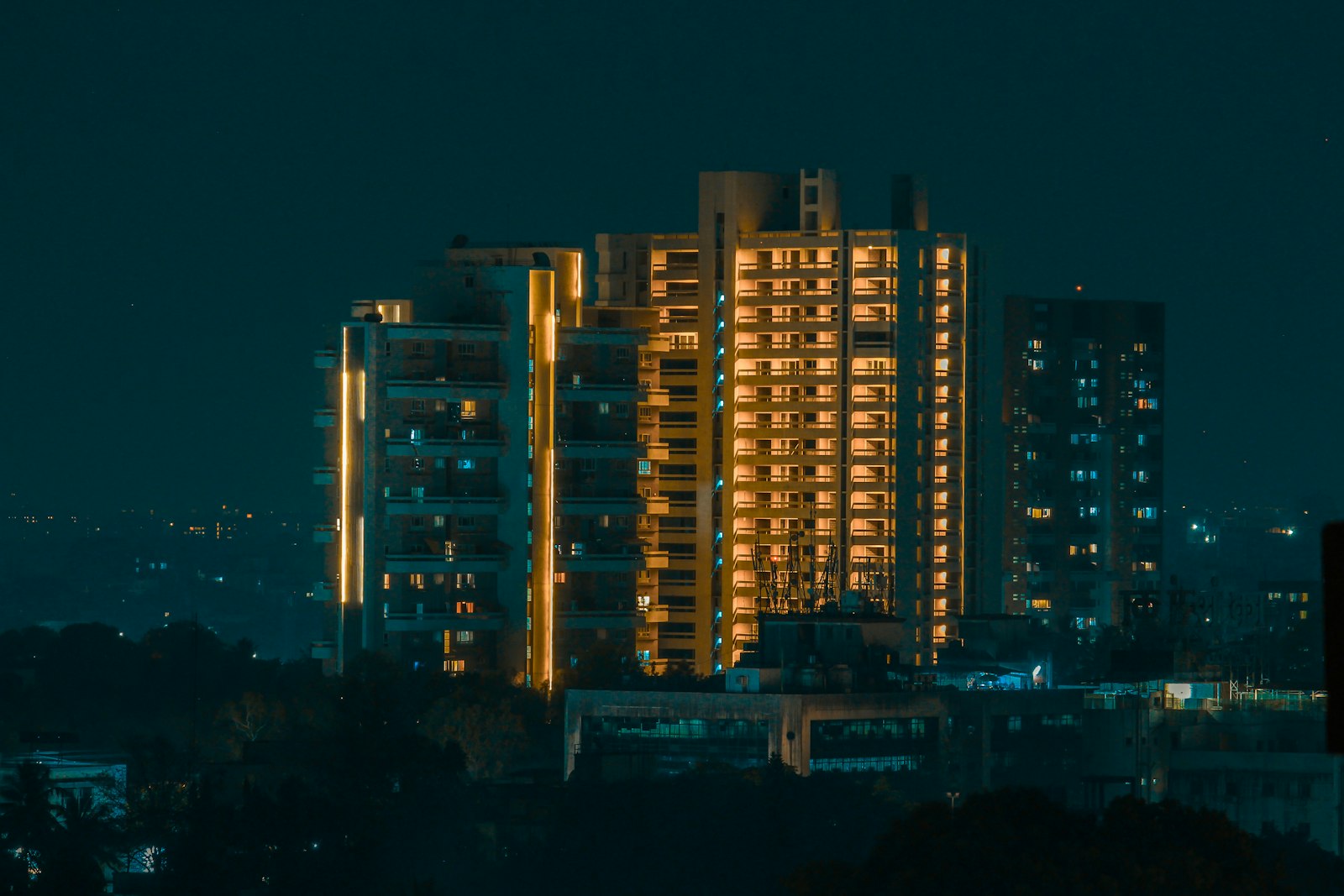 High-rise buildings in Pune at night